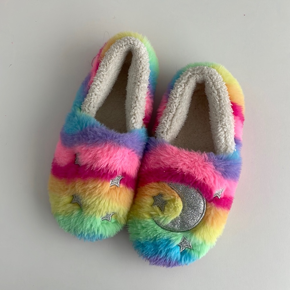 Wonder Nation Furry Rainbow Glitter Moon Star Houseshoe Pajama Slippers - 13-1